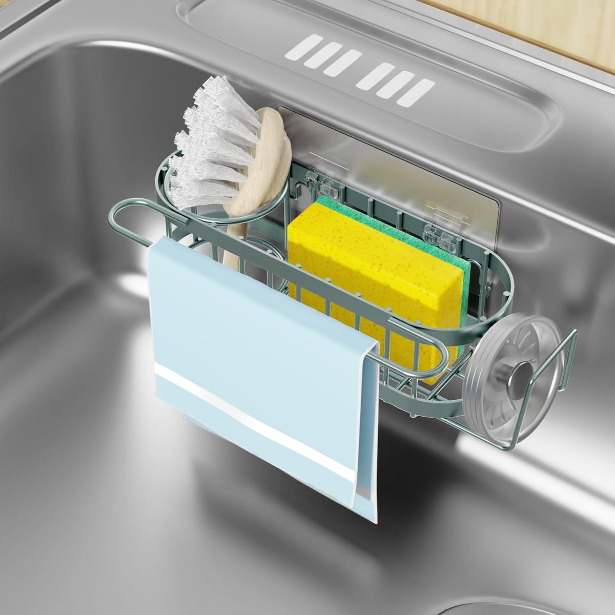 Cisily Kitchen Sink Caddy Sponge Holder in The Sink, Stainless Steel Kitchen Sink Organizer, Brush Holder, Dish Cloth Hanger, Sink Stopper Holder (Suction cup-Black)