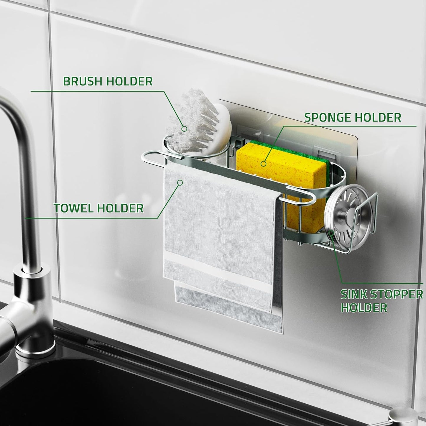 Cisily Kitchen Sink Caddy Sponge Holder in The Sink, Stainless Steel Kitchen Sink Organizer, Brush Holder, Dish Cloth Hanger, Sink Stopper Holder (Suction cup-Black)