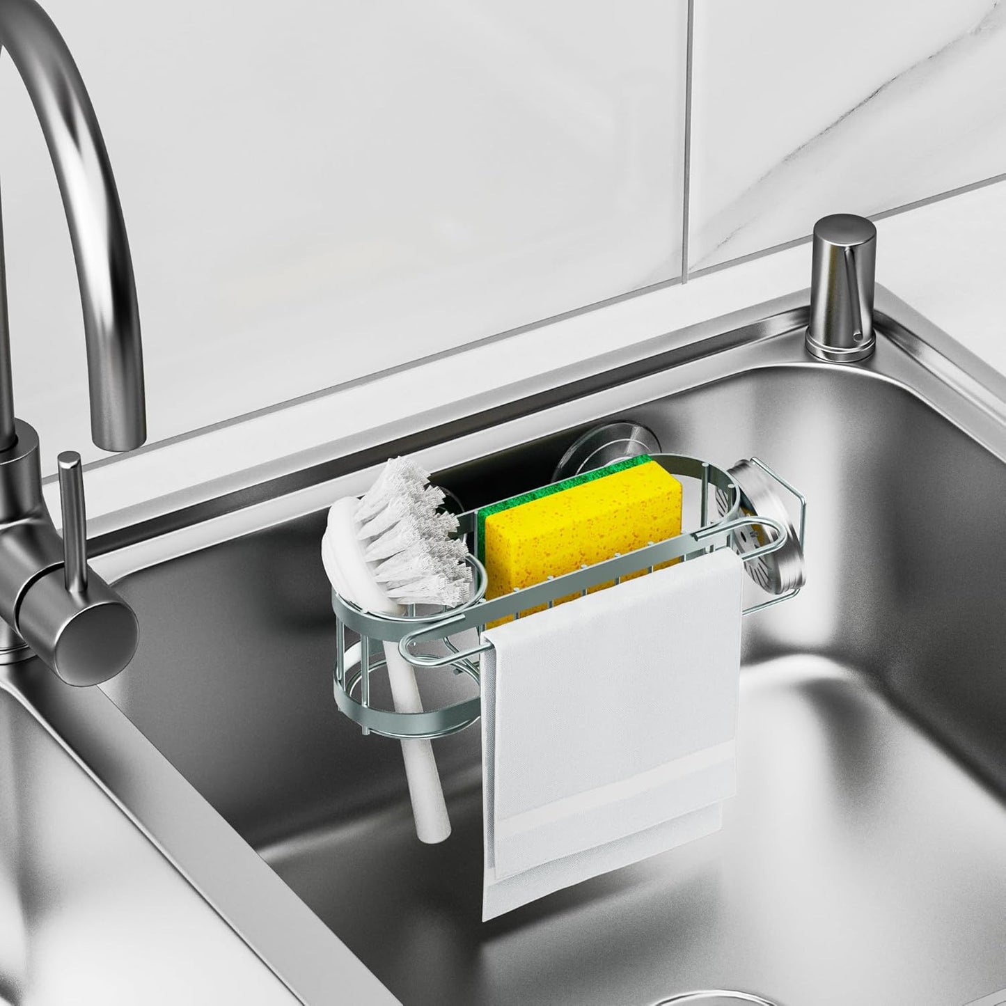 Cisily Kitchen Sink Caddy Sponge Holder in The Sink, Stainless Steel Kitchen Sink Organizer, Brush Holder, Dish Cloth Hanger, Sink Stopper Holder (Suction cup-Black)