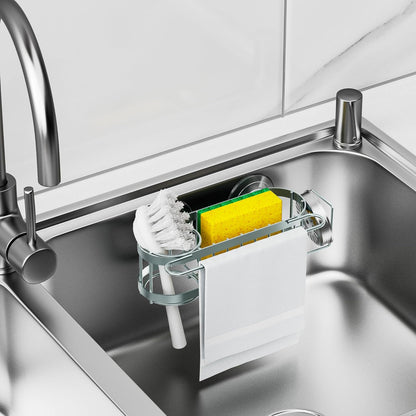 Cisily Kitchen Sink Caddy Sponge Holder in The Sink, Stainless Steel Kitchen Sink Organizer, Brush Holder, Dish Cloth Hanger, Sink Stopper Holder (Suction cup-Black)