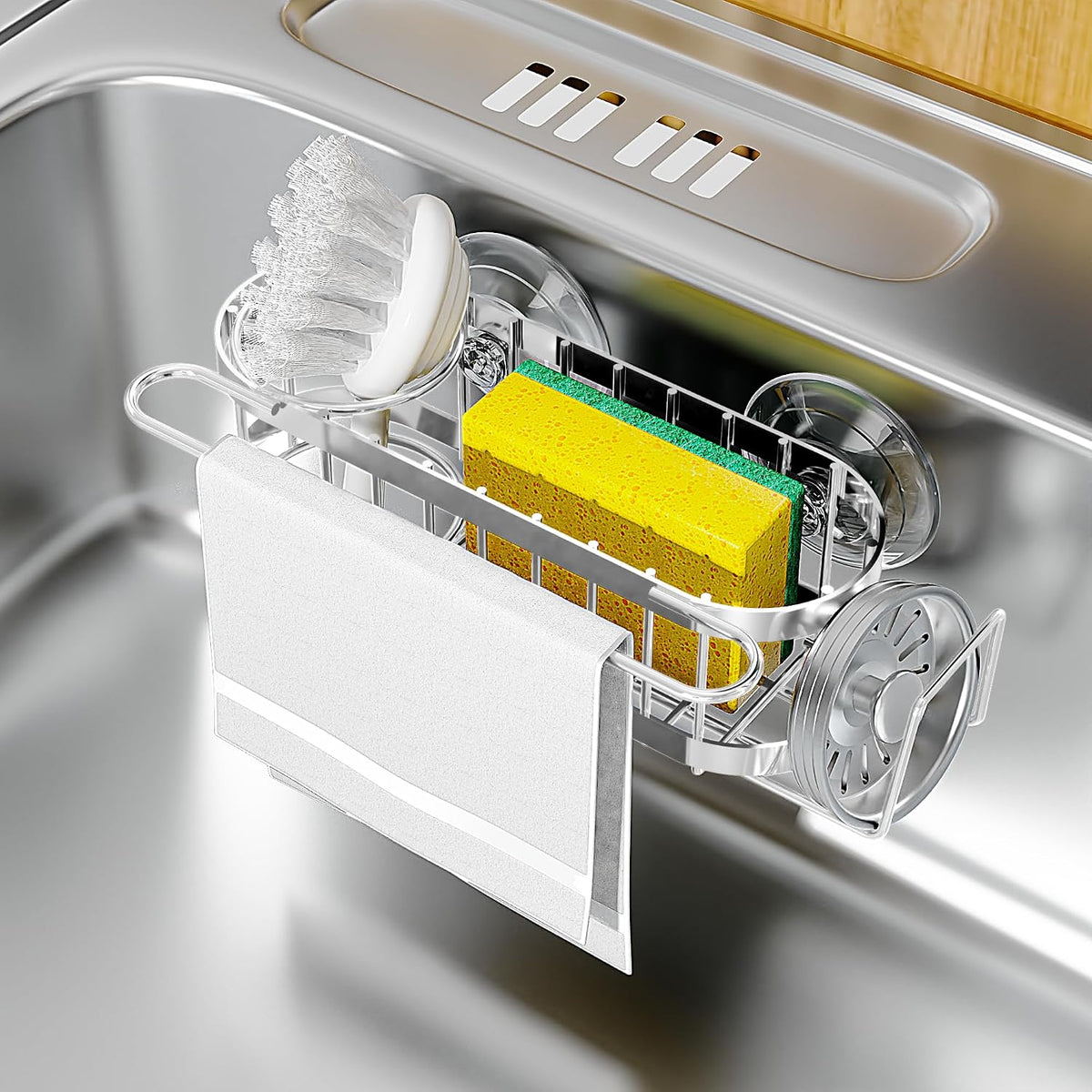 Cisily Kitchen Sink Caddy Sponge Holder in The Sink, Stainless Steel Kitchen Sink Organizer, Brush Holder, Dish Cloth Hanger, Sink Stopper Holder (Suction cup-Black)
