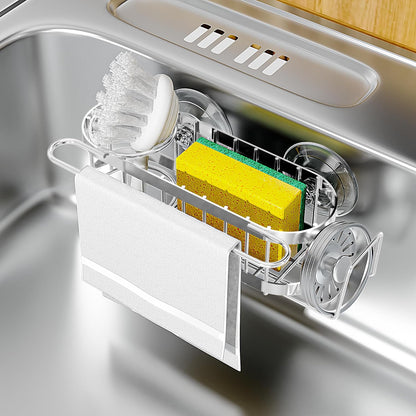 Cisily Kitchen Sink Caddy Sponge Holder in The Sink, Stainless Steel Kitchen Sink Organizer, Brush Holder, Dish Cloth Hanger, Sink Stopper Holder (Suction cup-Black)
