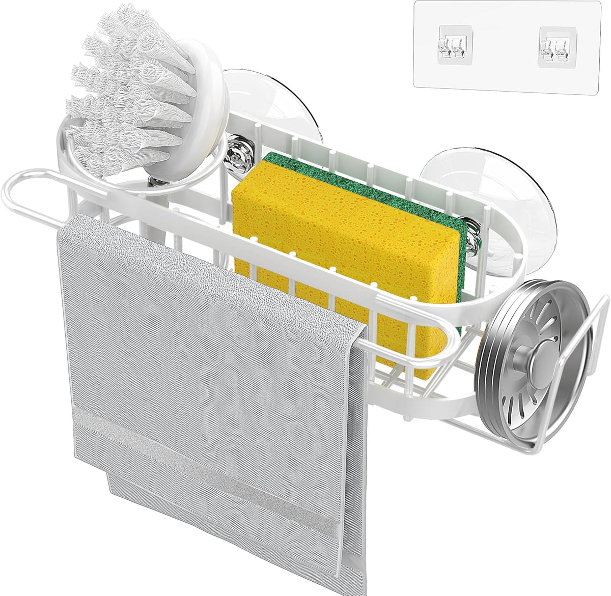 Cisily Kitchen Sink Caddy Sponge Holder in The Sink, Stainless Steel Kitchen Sink Organizer, Brush Holder, Dish Cloth Hanger, Sink Stopper Holder (Suction cup-Black)