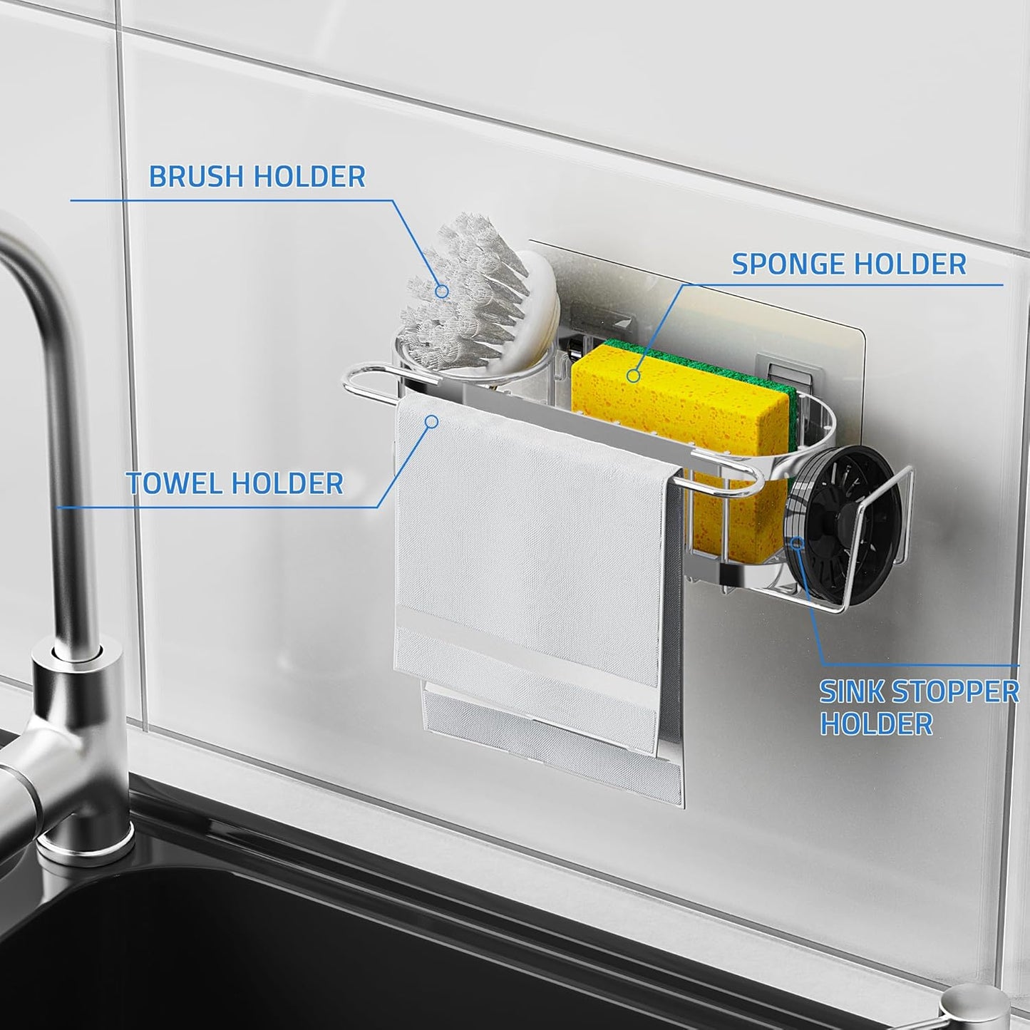 Cisily Kitchen Sink Caddy Sponge Holder in The Sink, Stainless Steel Kitchen Sink Organizer, Brush Holder, Dish Cloth Hanger, Sink Stopper Holder (Suction cup-Black)