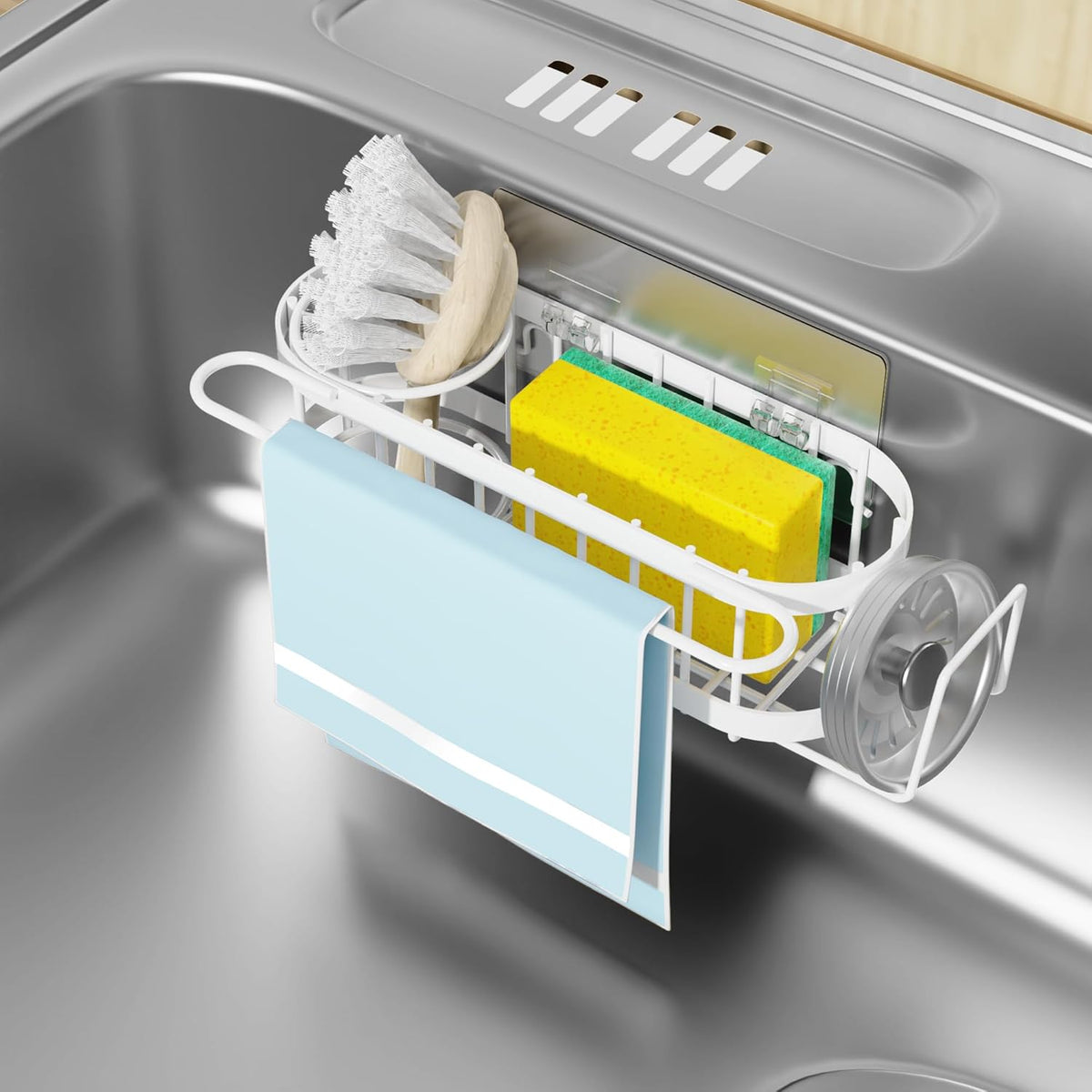 Cisily Kitchen Sink Caddy Sponge Holder in The Sink, Stainless Steel Kitchen Sink Organizer, Brush Holder, Dish Cloth Hanger, Sink Stopper Holder (Suction cup-Black)