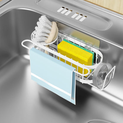 Cisily Kitchen Sink Caddy Sponge Holder in The Sink, Stainless Steel Kitchen Sink Organizer, Brush Holder, Dish Cloth Hanger, Sink Stopper Holder (Suction cup-Black)