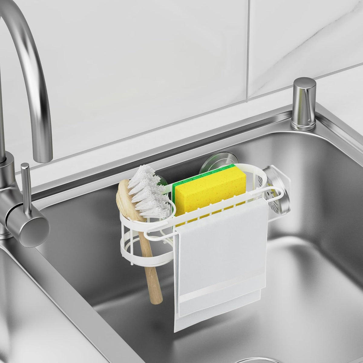 Cisily Kitchen Sink Caddy Sponge Holder in The Sink, Stainless Steel Kitchen Sink Organizer, Brush Holder, Dish Cloth Hanger, Sink Stopper Holder (Suction cup-Black)