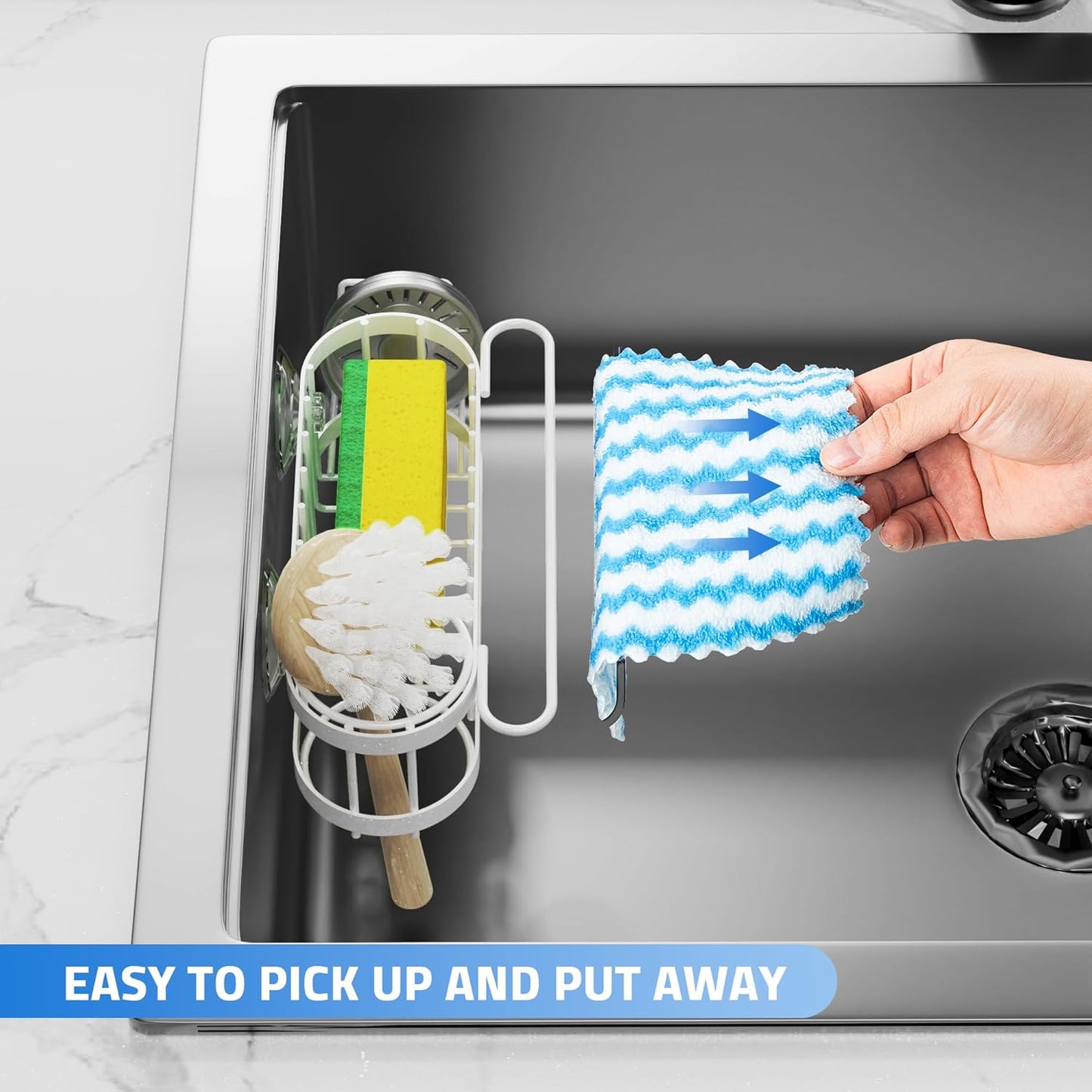 Cisily Kitchen Sink Caddy Sponge Holder in The Sink, Stainless Steel Kitchen Sink Organizer, Brush Holder, Dish Cloth Hanger, Sink Stopper Holder (Suction cup-Black)