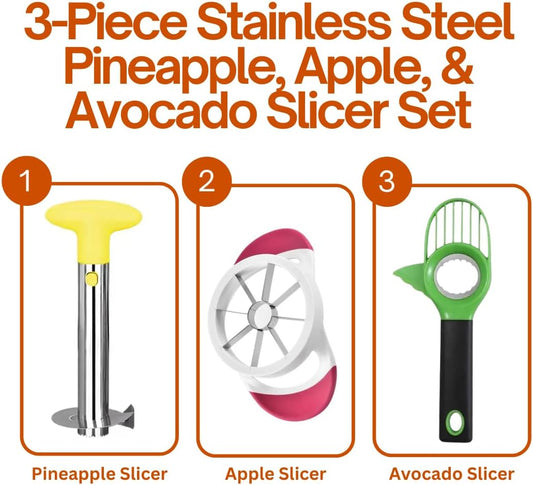 3PCS Stainless Steel Apple, Avocado & Pineapple Slicer Set – Heavy-Duty Corer & Cutter with Reinforced Blade for Quick & Easy Fruit Cutting Prep – Sharp, Durable & Ergonomic Kitchen Tool”