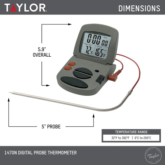 Programmable with Timer Instant Read Wired Probe Digital, Meat, Food, Grill BBQ Cooking Kitchen Thermometer with Timer, Gray