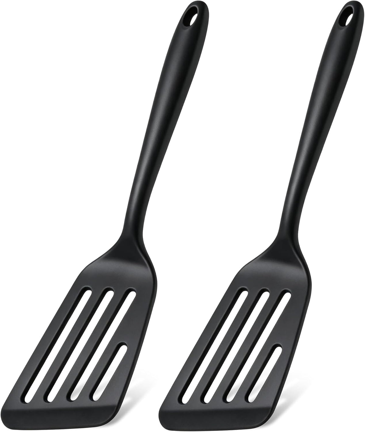 Silicone Fish Spatula Set of 2, Heat Resistant Slotted Fish Turner | for Non Stick Cookware, Flexible Cooking Spatula Flipper for Fish, Egg, Pancake, Steak, Burger, Dishwasher Safe, Black