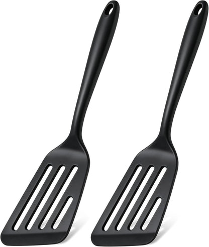 Silicone Fish Spatula Set of 2, Heat Resistant Slotted Fish Turner | for Non Stick Cookware, Flexible Cooking Spatula Flipper for Fish, Egg, Pancake, Steak, Burger, Dishwasher Safe, Black