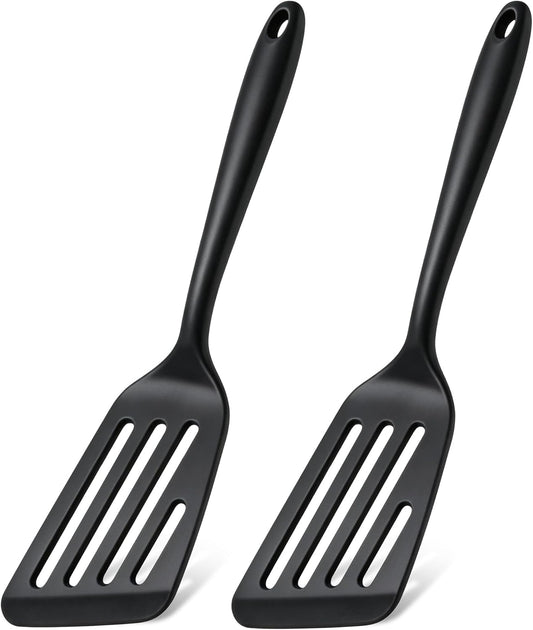 Silicone Fish Spatula Set of 2, Heat Resistant Slotted Fish Turner | for Non Stick Cookware, Flexible Cooking Spatula Flipper for Fish, Egg, Pancake, Steak, Burger, Dishwasher Safe, Black