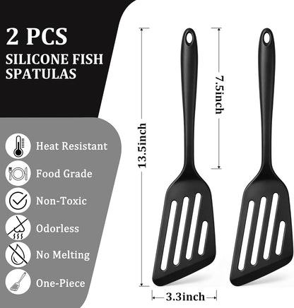 Silicone Fish Spatula Set of 2, Heat Resistant Slotted Fish Turner | for Non Stick Cookware, Flexible Cooking Spatula Flipper for Fish, Egg, Pancake, Steak, Burger, Dishwasher Safe, Black