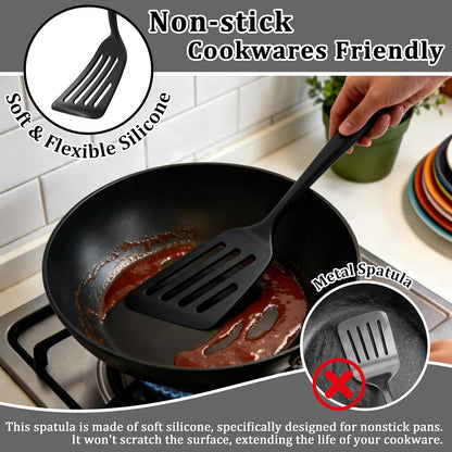Silicone Fish Spatula Set of 2, Heat Resistant Slotted Fish Turner | for Non Stick Cookware, Flexible Cooking Spatula Flipper for Fish, Egg, Pancake, Steak, Burger, Dishwasher Safe, Black