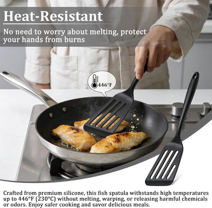 Silicone Fish Spatula Set of 2, Heat Resistant Slotted Fish Turner | for Non Stick Cookware, Flexible Cooking Spatula Flipper for Fish, Egg, Pancake, Steak, Burger, Dishwasher Safe, Black