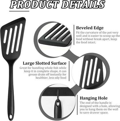 Silicone Fish Spatula Set of 2, Heat Resistant Slotted Fish Turner | for Non Stick Cookware, Flexible Cooking Spatula Flipper for Fish, Egg, Pancake, Steak, Burger, Dishwasher Safe, Black
