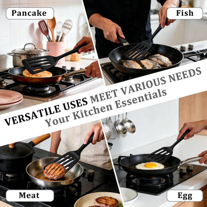 Silicone Fish Spatula Set of 2, Heat Resistant Slotted Fish Turner | for Non Stick Cookware, Flexible Cooking Spatula Flipper for Fish, Egg, Pancake, Steak, Burger, Dishwasher Safe, Black