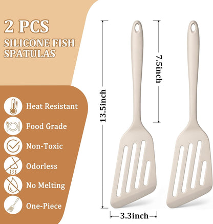 Silicone Fish Spatula Set of 2, Heat Resistant Slotted Fish Turner | for Non Stick Cookware, Flexible Cooking Spatula Flipper for Fish, Egg, Pancake, Steak, Burger, Dishwasher Safe, Black