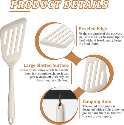 Silicone Fish Spatula Set of 2, Heat Resistant Slotted Fish Turner | for Non Stick Cookware, Flexible Cooking Spatula Flipper for Fish, Egg, Pancake, Steak, Burger, Dishwasher Safe, Black