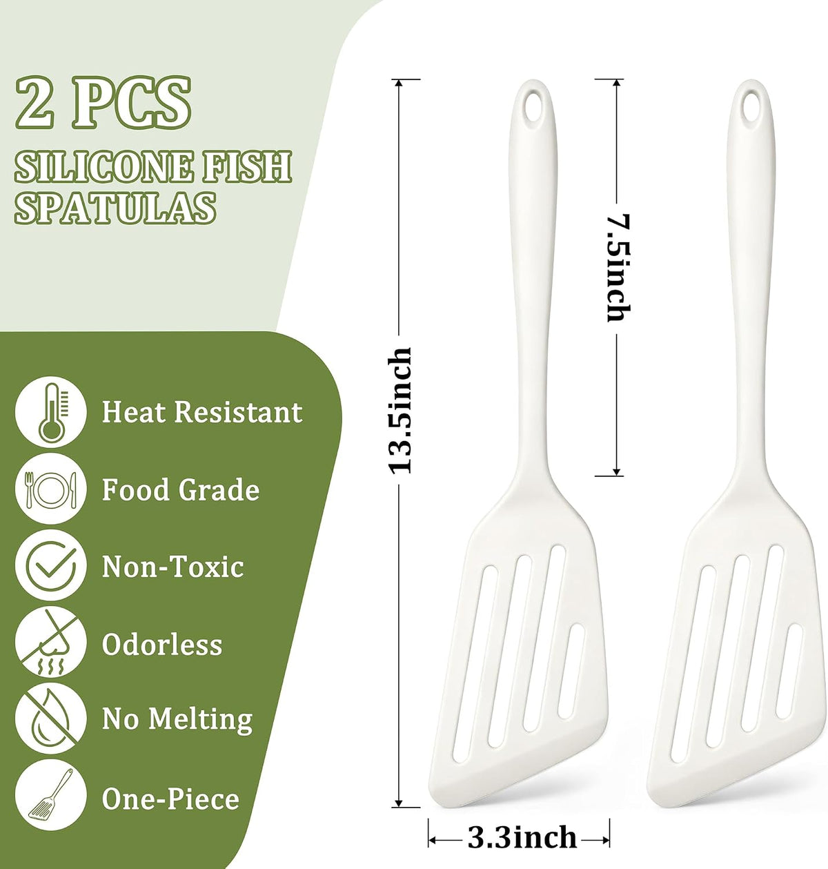 Silicone Fish Spatula Set of 2, Heat Resistant Slotted Fish Turner | for Non Stick Cookware, Flexible Cooking Spatula Flipper for Fish, Egg, Pancake, Steak, Burger, Dishwasher Safe, Black