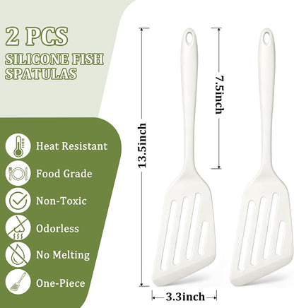 Silicone Fish Spatula Set of 2, Heat Resistant Slotted Fish Turner | for Non Stick Cookware, Flexible Cooking Spatula Flipper for Fish, Egg, Pancake, Steak, Burger, Dishwasher Safe, Black