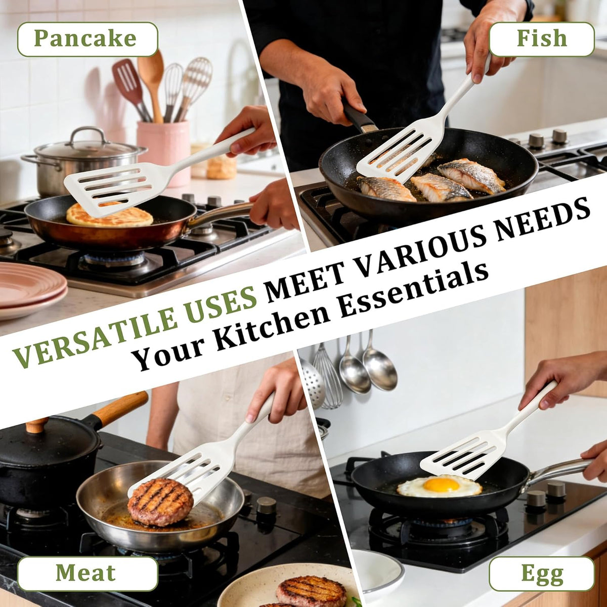 Silicone Fish Spatula Set of 2, Heat Resistant Slotted Fish Turner | for Non Stick Cookware, Flexible Cooking Spatula Flipper for Fish, Egg, Pancake, Steak, Burger, Dishwasher Safe, Black