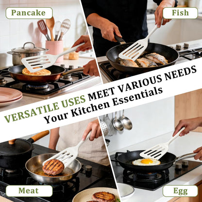 Silicone Fish Spatula Set of 2, Heat Resistant Slotted Fish Turner | for Non Stick Cookware, Flexible Cooking Spatula Flipper for Fish, Egg, Pancake, Steak, Burger, Dishwasher Safe, Black