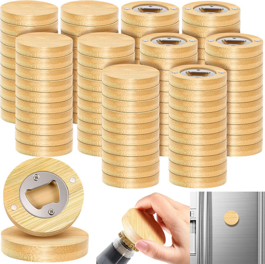100 Pcs Magnetic Bottle Opener 2.5in DIY Bamboo Round Shape Beer Openers Wooden Fridge Magnet Refrigerator Sticker Gift for Beer Lover Wedding Guest Kitchens Bars Parties