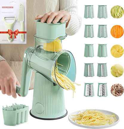 5 In 1 Rotary Cheese Grater Vegetable Slicer for Kitchen, Carrot Shredder Tool-Food Shredders with 5 Sets Interchangeable Blades And Strong Suction Base (Green)
