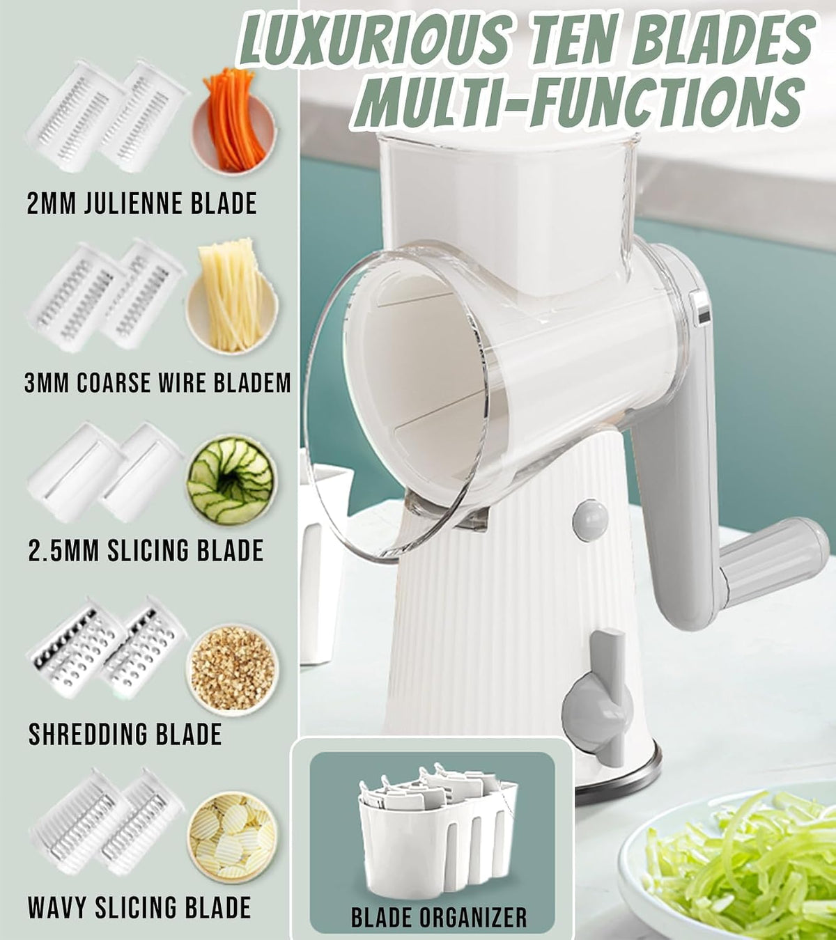 5 In 1 Rotary Cheese Grater Vegetable Slicer for Kitchen, Carrot Shredder Tool-Food Shredders with 5 Sets Interchangeable Blades And Strong Suction Base (Green)