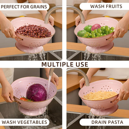Metal Colander Set of 2, Strainer Basket with Handles perfect for Spaghetti, Pasta, Berry, Vegetable, Fruit, Solid Base Powder Coated Self-draining Kitchen Colander Bowel, 3.5 & 5 Qt, Matte Black