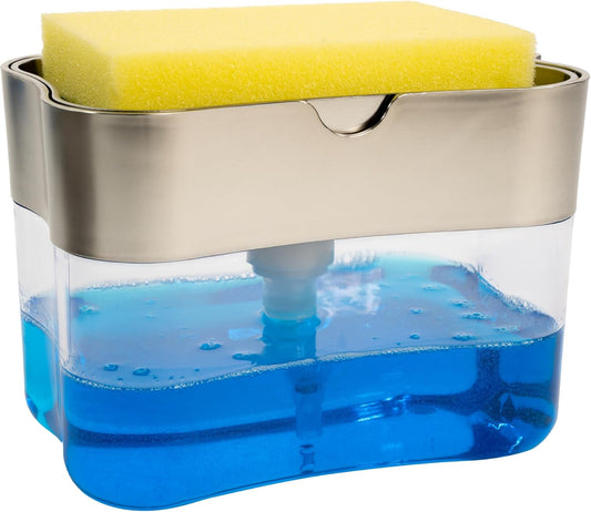 . Dish Soap Dispenser and Sponge Holder, Metallic Silver | Holds 13 Fluid Ounces, Sponge Included, Anti-Slid Feet, Push to Dispense Perfect Amount of Dish Soap