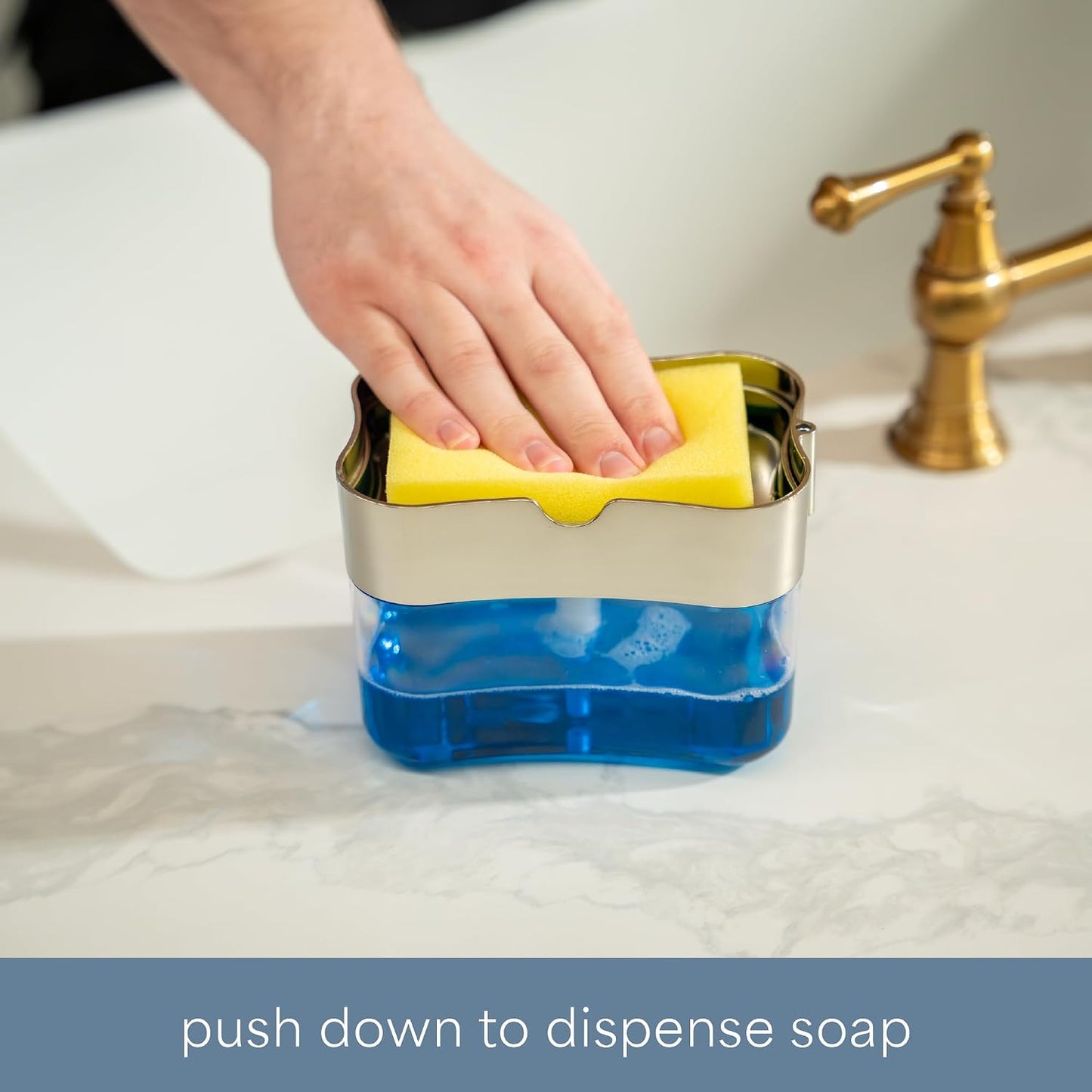 . Dish Soap Dispenser and Sponge Holder, Metallic Silver | Holds 13 Fluid Ounces, Sponge Included, Anti-Slid Feet, Push to Dispense Perfect Amount of Dish Soap