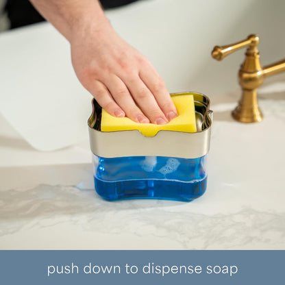 . Dish Soap Dispenser and Sponge Holder, Metallic Silver | Holds 13 Fluid Ounces, Sponge Included, Anti-Slid Feet, Push to Dispense Perfect Amount of Dish Soap
