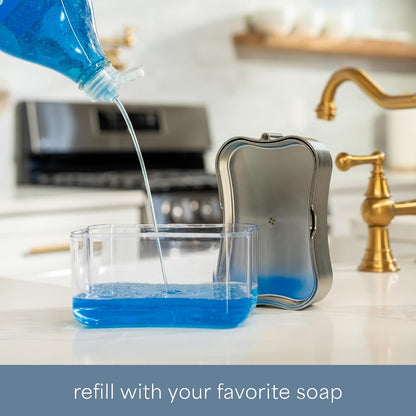 . Dish Soap Dispenser and Sponge Holder, Metallic Silver | Holds 13 Fluid Ounces, Sponge Included, Anti-Slid Feet, Push to Dispense Perfect Amount of Dish Soap