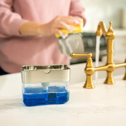 . Dish Soap Dispenser and Sponge Holder, Metallic Silver | Holds 13 Fluid Ounces, Sponge Included, Anti-Slid Feet, Push to Dispense Perfect Amount of Dish Soap