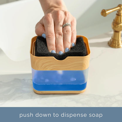 . Dish Soap Dispenser and Sponge Holder, Metallic Silver | Holds 13 Fluid Ounces, Sponge Included, Anti-Slid Feet, Push to Dispense Perfect Amount of Dish Soap