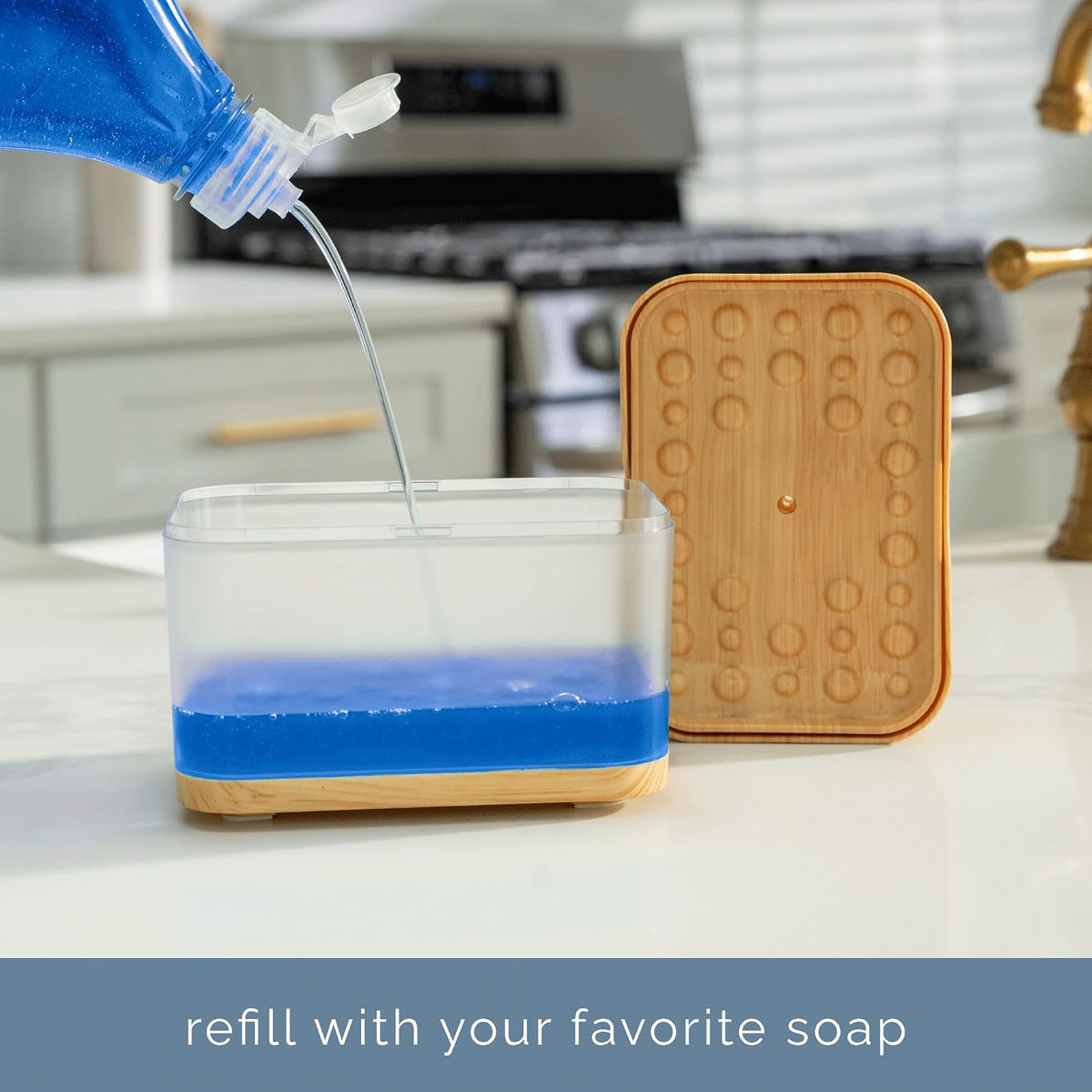 . Dish Soap Dispenser and Sponge Holder, Metallic Silver | Holds 13 Fluid Ounces, Sponge Included, Anti-Slid Feet, Push to Dispense Perfect Amount of Dish Soap