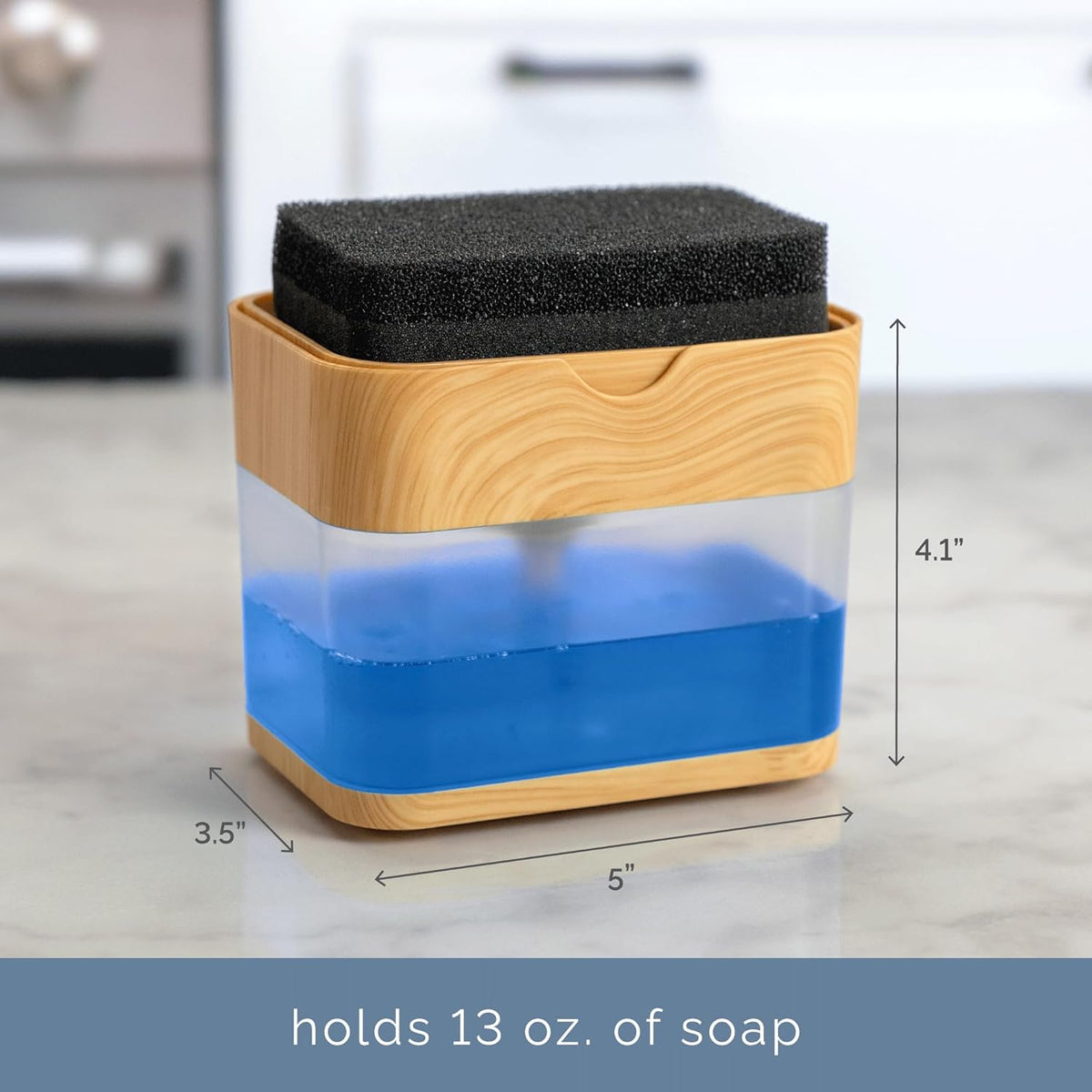 . Dish Soap Dispenser and Sponge Holder, Metallic Silver | Holds 13 Fluid Ounces, Sponge Included, Anti-Slid Feet, Push to Dispense Perfect Amount of Dish Soap