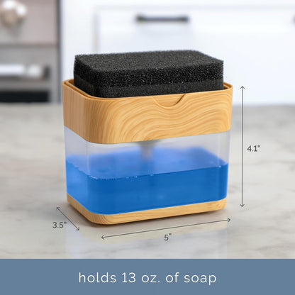 . Dish Soap Dispenser and Sponge Holder, Metallic Silver | Holds 13 Fluid Ounces, Sponge Included, Anti-Slid Feet, Push to Dispense Perfect Amount of Dish Soap