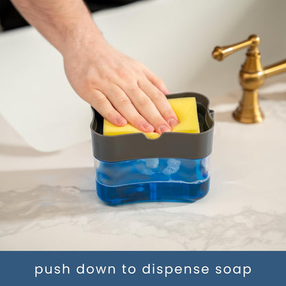 . Dish Soap Dispenser and Sponge Holder, Metallic Silver | Holds 13 Fluid Ounces, Sponge Included, Anti-Slid Feet, Push to Dispense Perfect Amount of Dish Soap