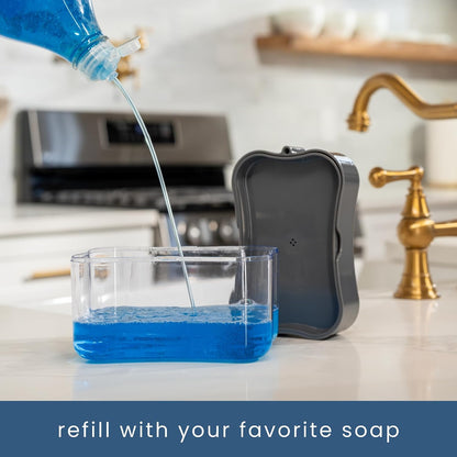 . Dish Soap Dispenser and Sponge Holder, Metallic Silver | Holds 13 Fluid Ounces, Sponge Included, Anti-Slid Feet, Push to Dispense Perfect Amount of Dish Soap