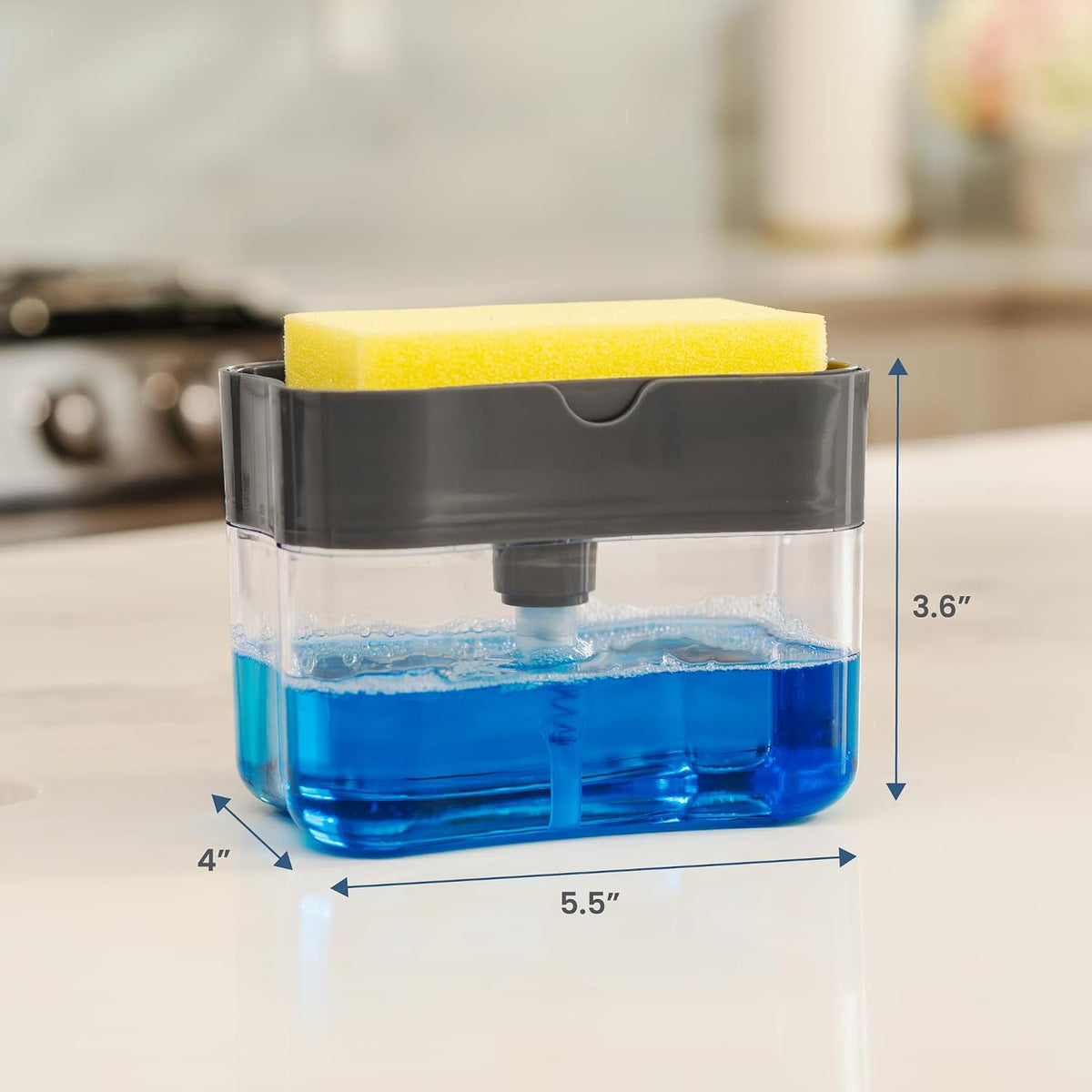 . Dish Soap Dispenser and Sponge Holder, Metallic Silver | Holds 13 Fluid Ounces, Sponge Included, Anti-Slid Feet, Push to Dispense Perfect Amount of Dish Soap