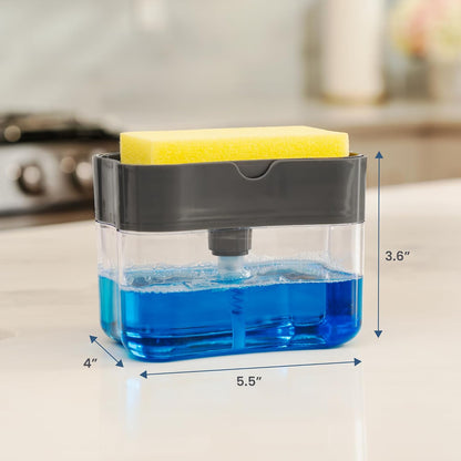 . Dish Soap Dispenser and Sponge Holder, Metallic Silver | Holds 13 Fluid Ounces, Sponge Included, Anti-Slid Feet, Push to Dispense Perfect Amount of Dish Soap