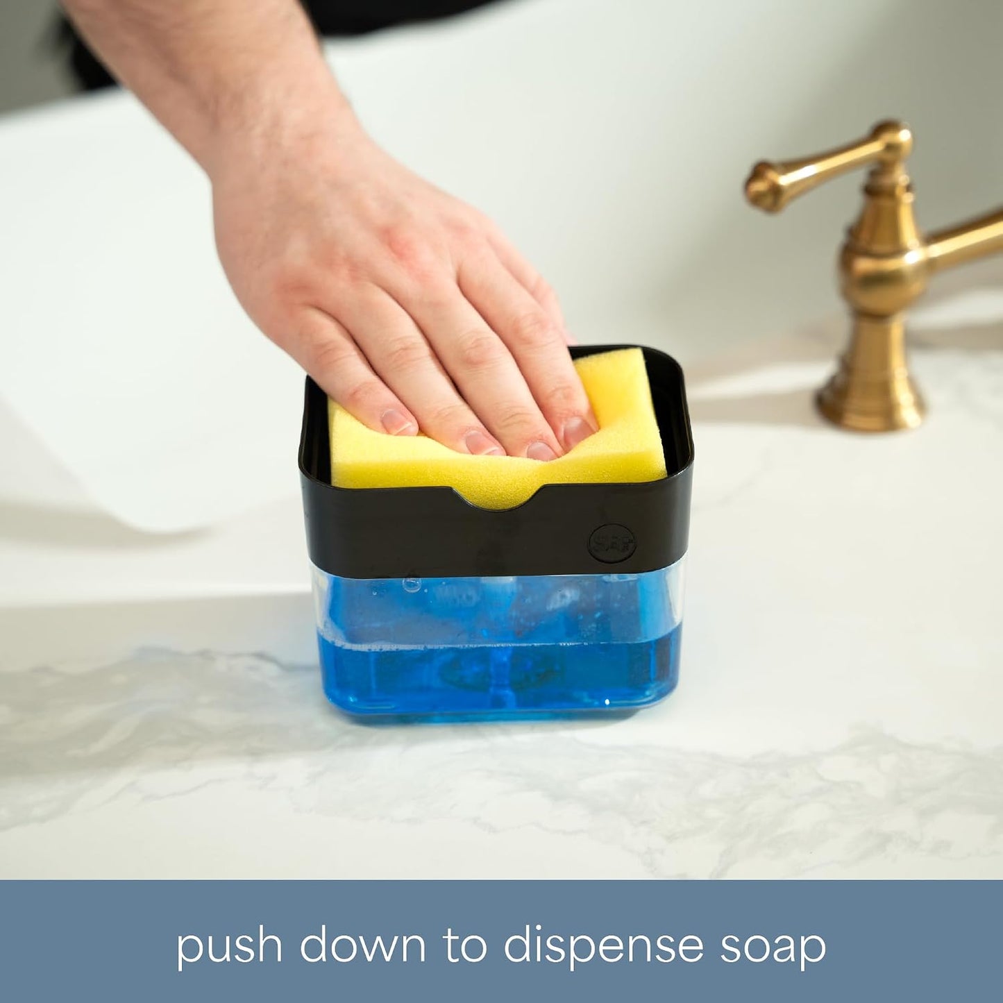 . Dish Soap Dispenser and Sponge Holder, Metallic Silver | Holds 13 Fluid Ounces, Sponge Included, Anti-Slid Feet, Push to Dispense Perfect Amount of Dish Soap