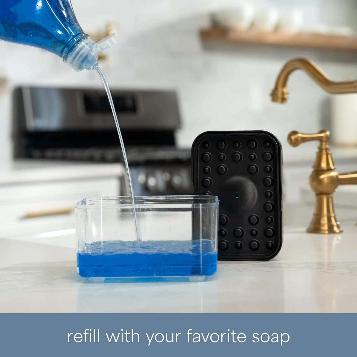 . Dish Soap Dispenser and Sponge Holder, Metallic Silver | Holds 13 Fluid Ounces, Sponge Included, Anti-Slid Feet, Push to Dispense Perfect Amount of Dish Soap