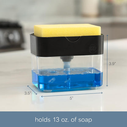 . Dish Soap Dispenser and Sponge Holder, Metallic Silver | Holds 13 Fluid Ounces, Sponge Included, Anti-Slid Feet, Push to Dispense Perfect Amount of Dish Soap