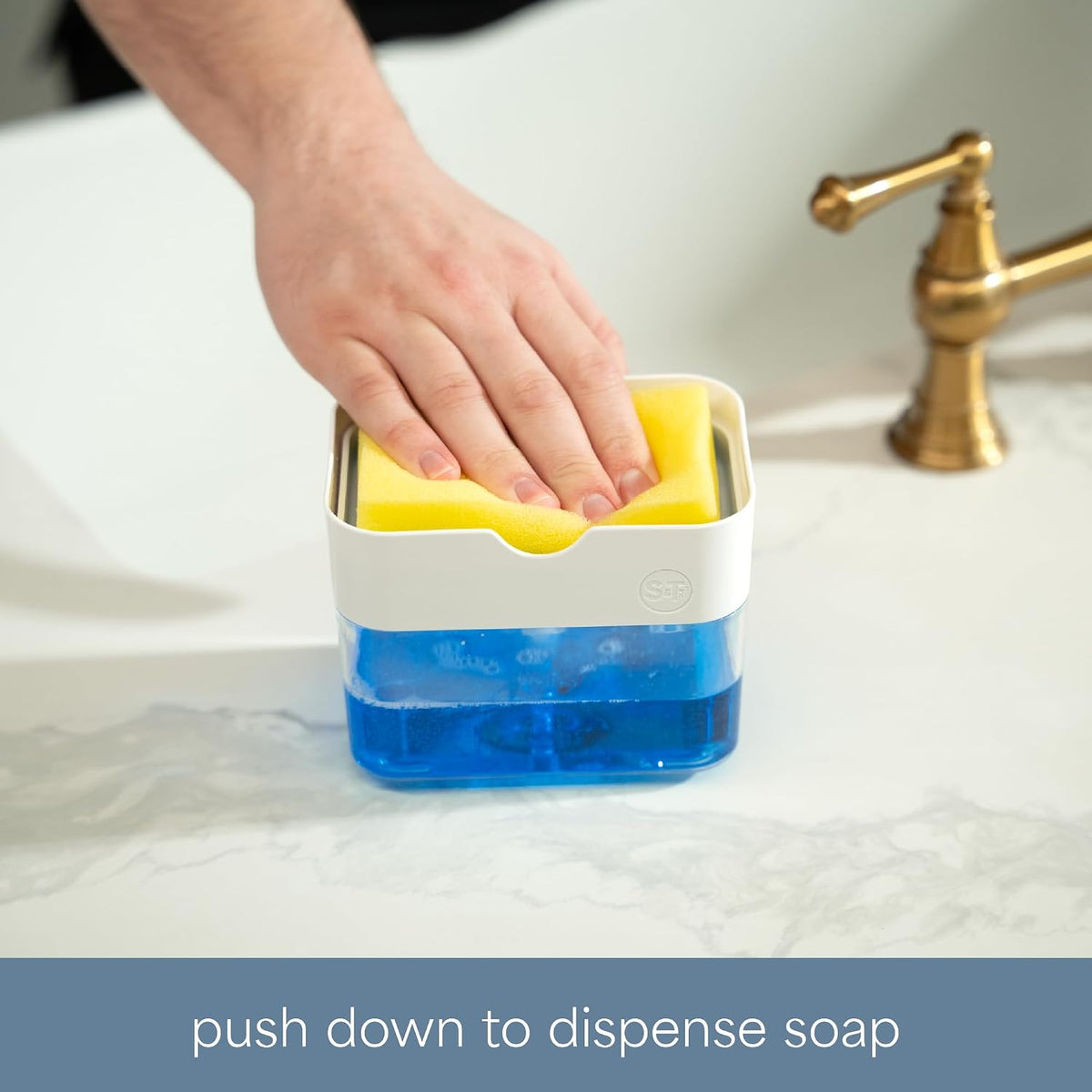 . Dish Soap Dispenser and Sponge Holder, Metallic Silver | Holds 13 Fluid Ounces, Sponge Included, Anti-Slid Feet, Push to Dispense Perfect Amount of Dish Soap
