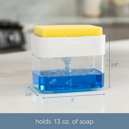 . Dish Soap Dispenser and Sponge Holder, Metallic Silver | Holds 13 Fluid Ounces, Sponge Included, Anti-Slid Feet, Push to Dispense Perfect Amount of Dish Soap